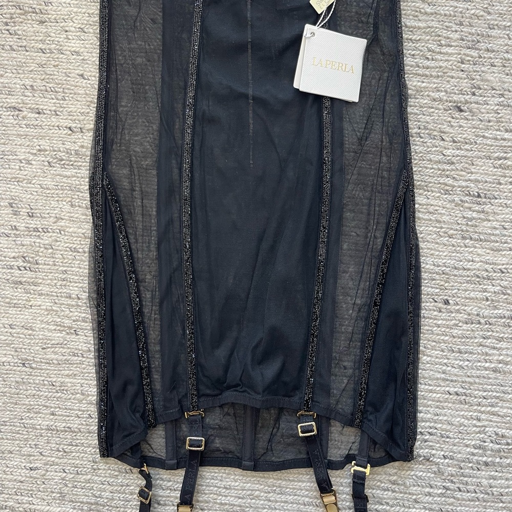 La Perla Black Sheer Frames Skirt Garter with Swarovski